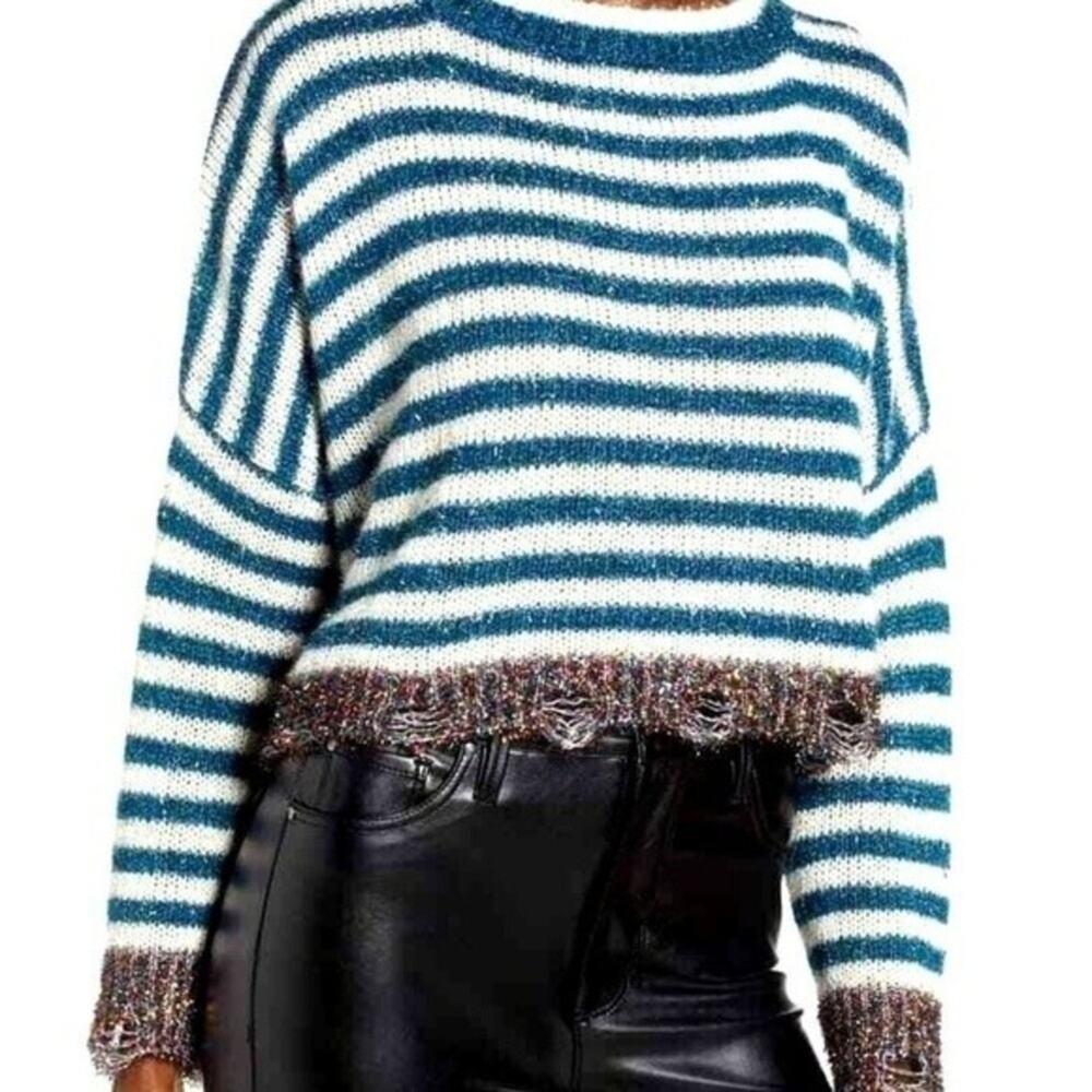 Prima Tinsel Sweater Women's Size M Striped Crop Blue/White NWT